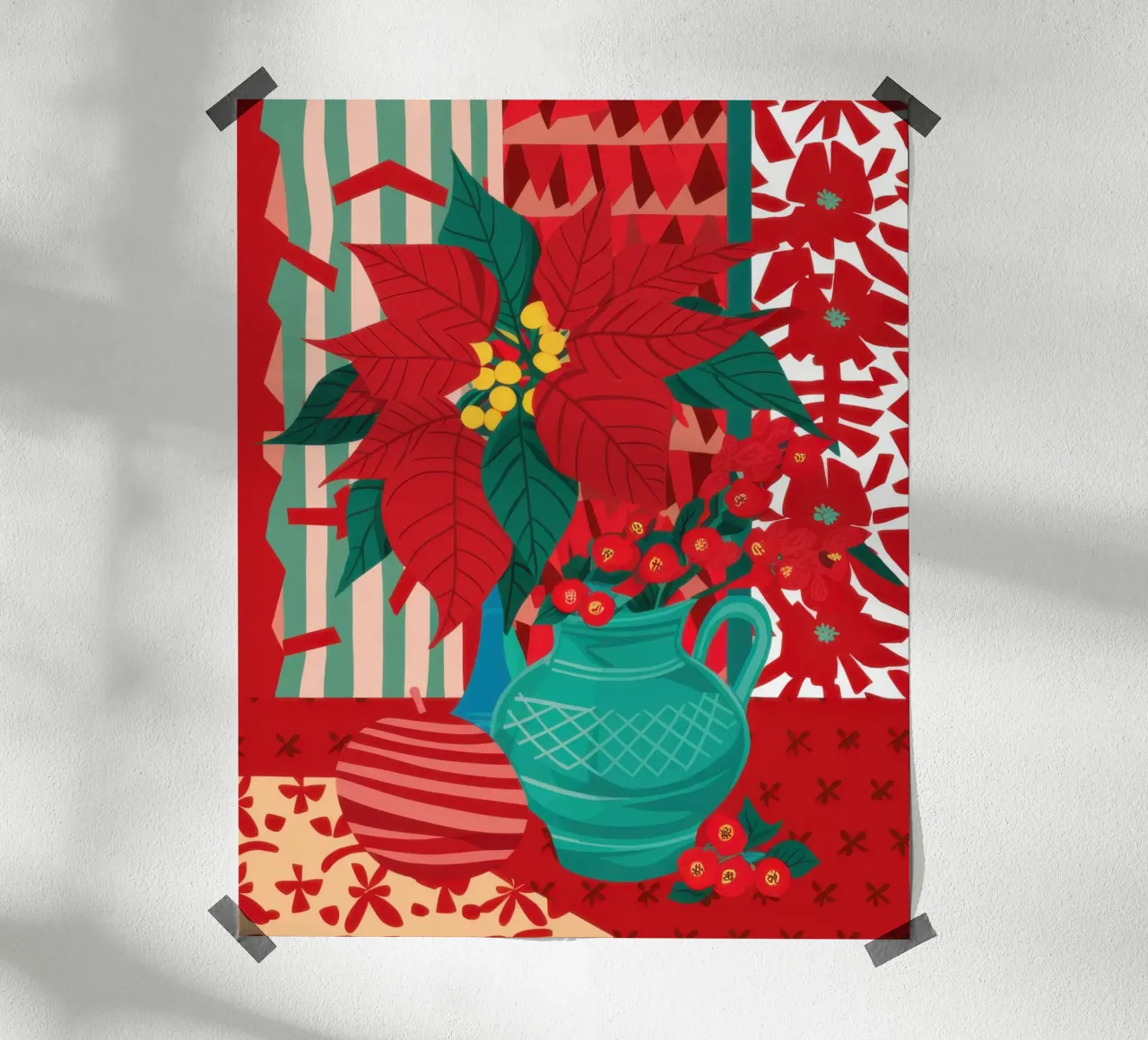 Festive Poinsettia Pop poster con telaio in legno da Arcane Lines