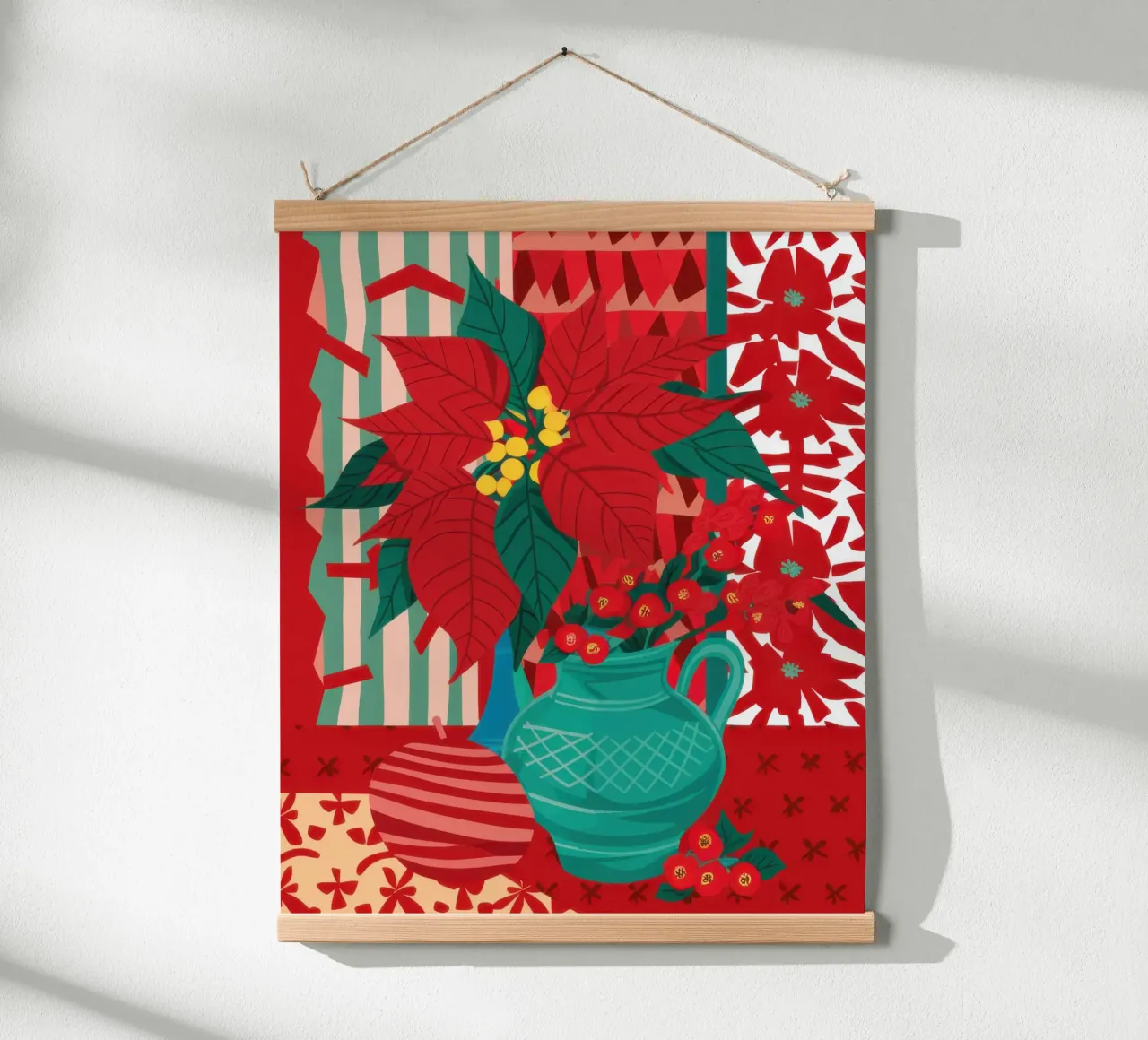 Festive Poinsettia Pop poster con telaio in legno da Arcane Lines