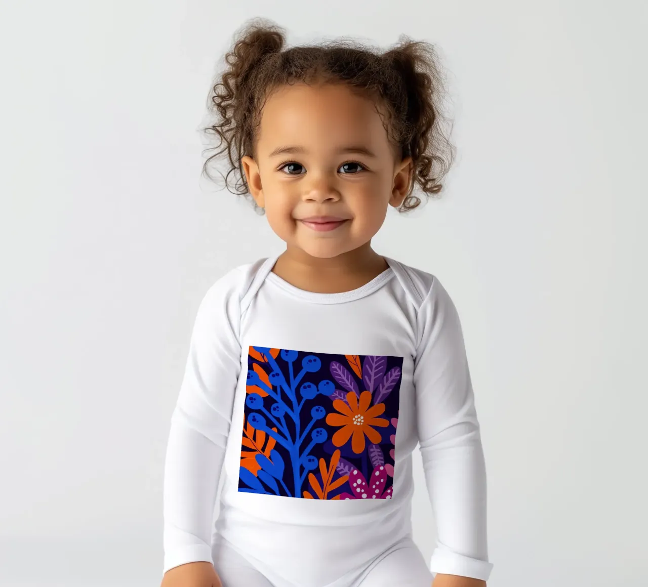 Abstract Blue Orange Floral long-sleeve baby romper by Lune Dreams