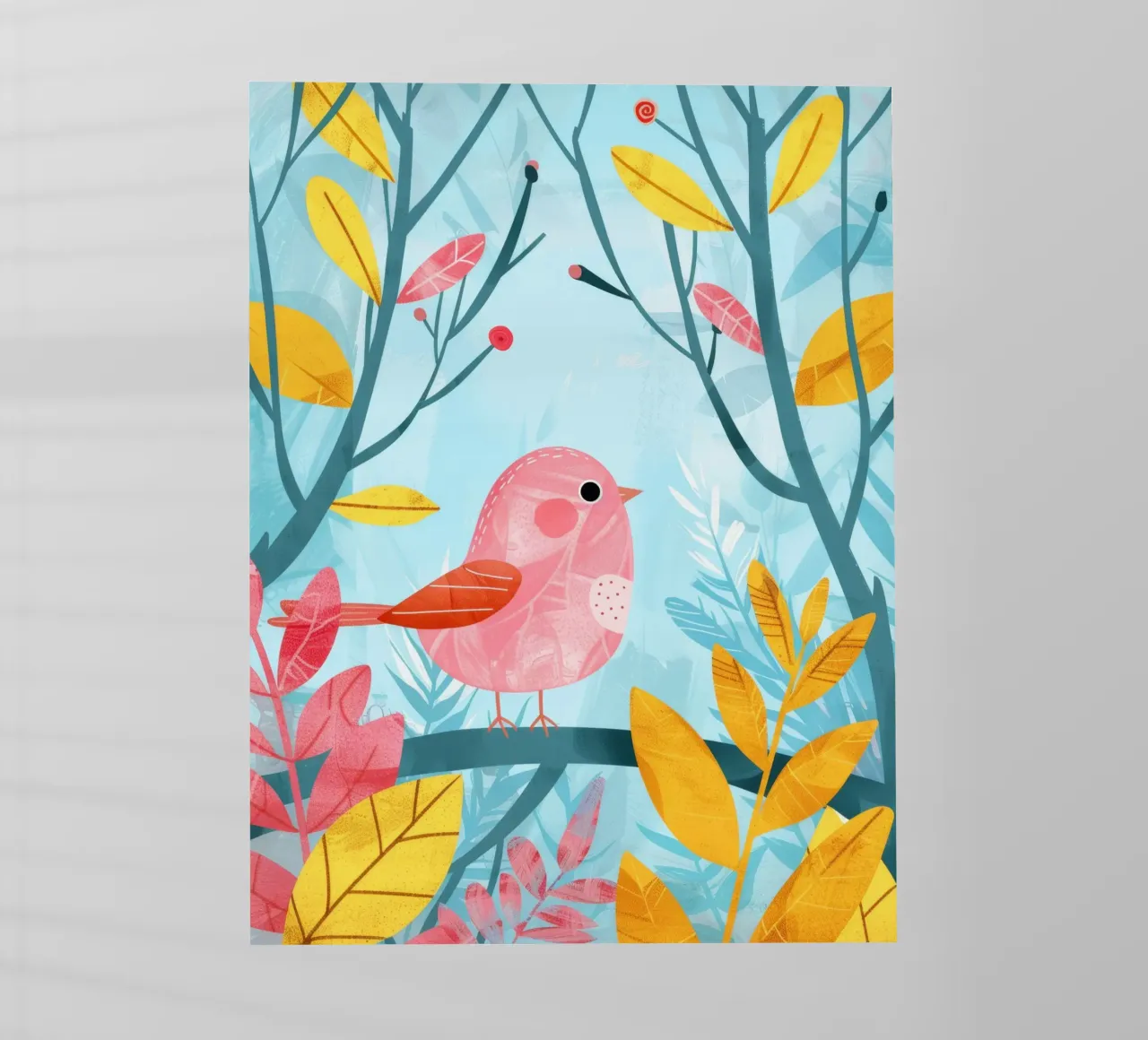 Uccello rosa appollaiato su un ramo circondato da piante frondose pellicola backlit da DesignDoodle