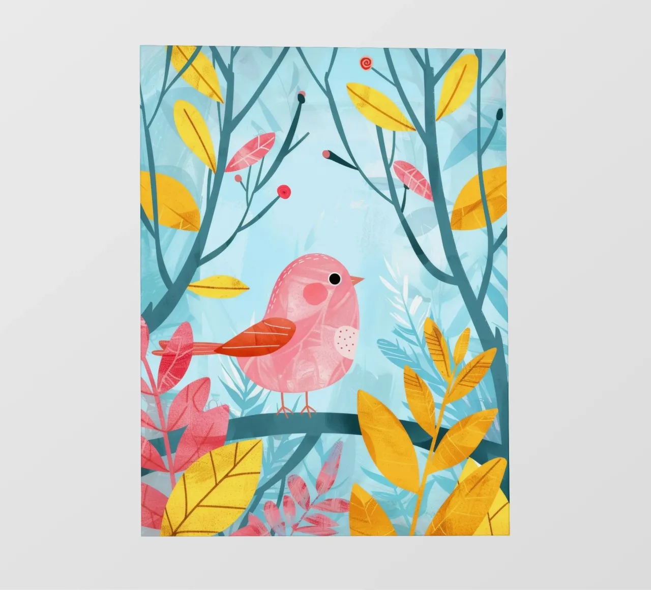 Uccello rosa appollaiato su un ramo circondato da piante frondose pellicola backlit da DesignDoodle