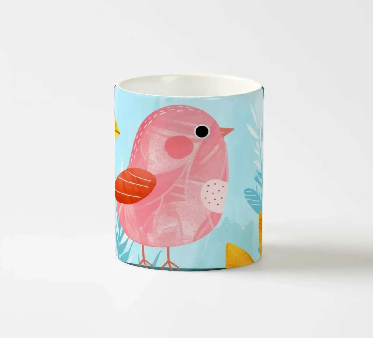 Uccello rosa appollaiato su un ramo circondato da piante frondose tazza in ceramica da DesignDoodle