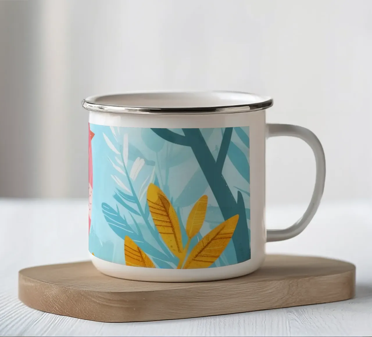 Uccello rosa appollaiato su un ramo circondato da piante frondose tazza in smalto da DesignDoodle