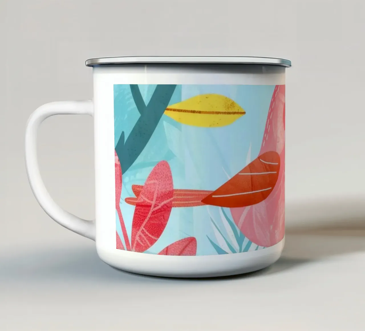 Uccello rosa appollaiato su un ramo circondato da piante frondose tazza in smalto da DesignDoodle