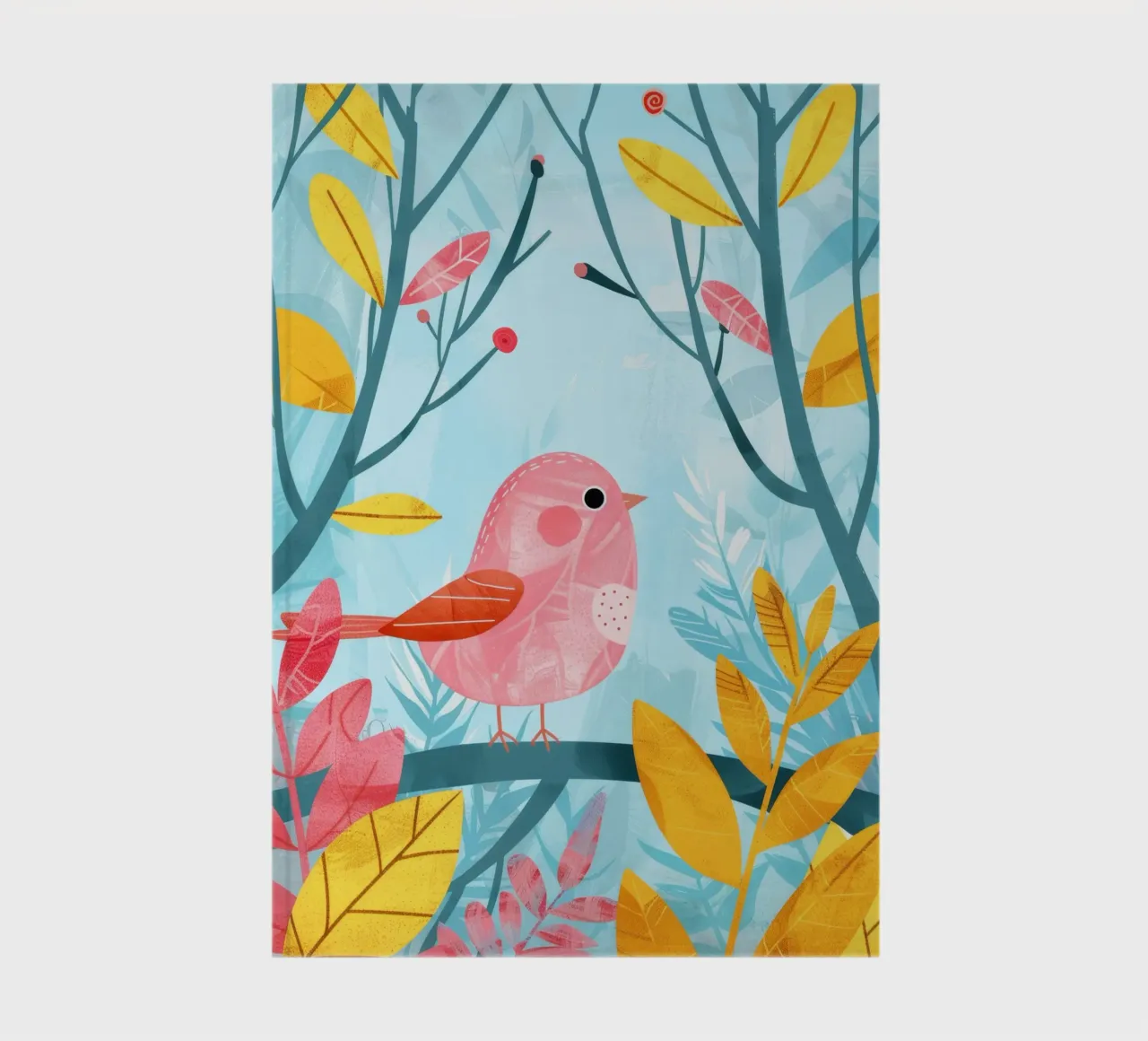 Pink bird perched on a branch surrounded by leafy plants notebook by DesignDoodle