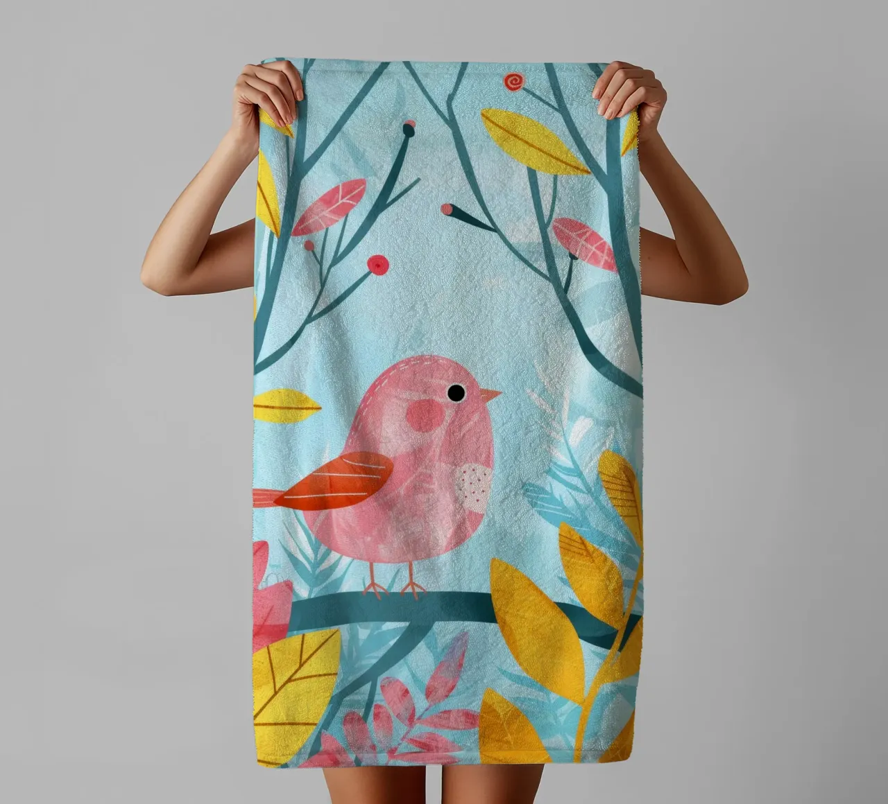 Pink bird perched on a branch surrounded by leafy plants towel by DesignDoodle