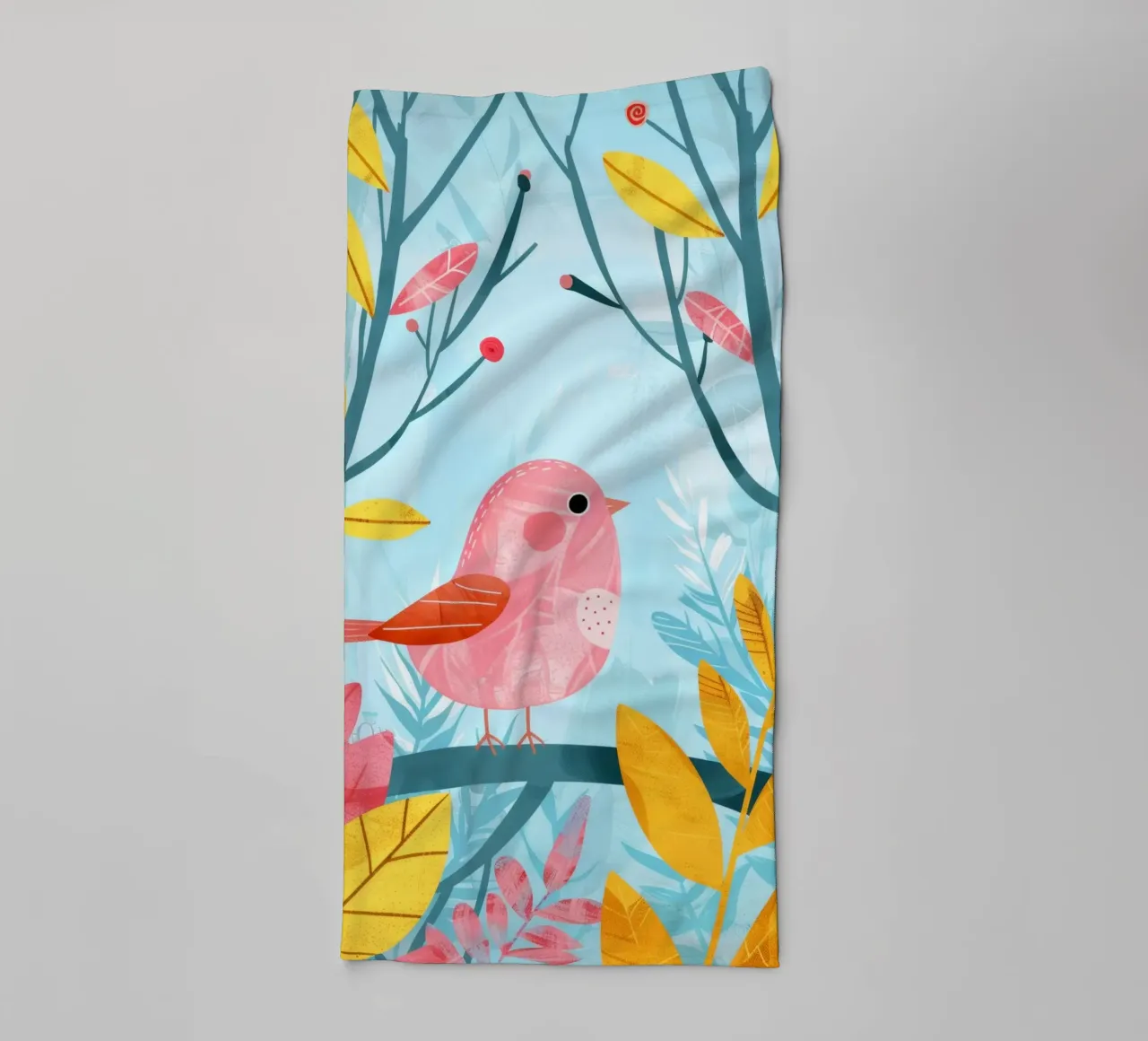 Pink bird perched on a branch surrounded by leafy plants towel by DesignDoodle
