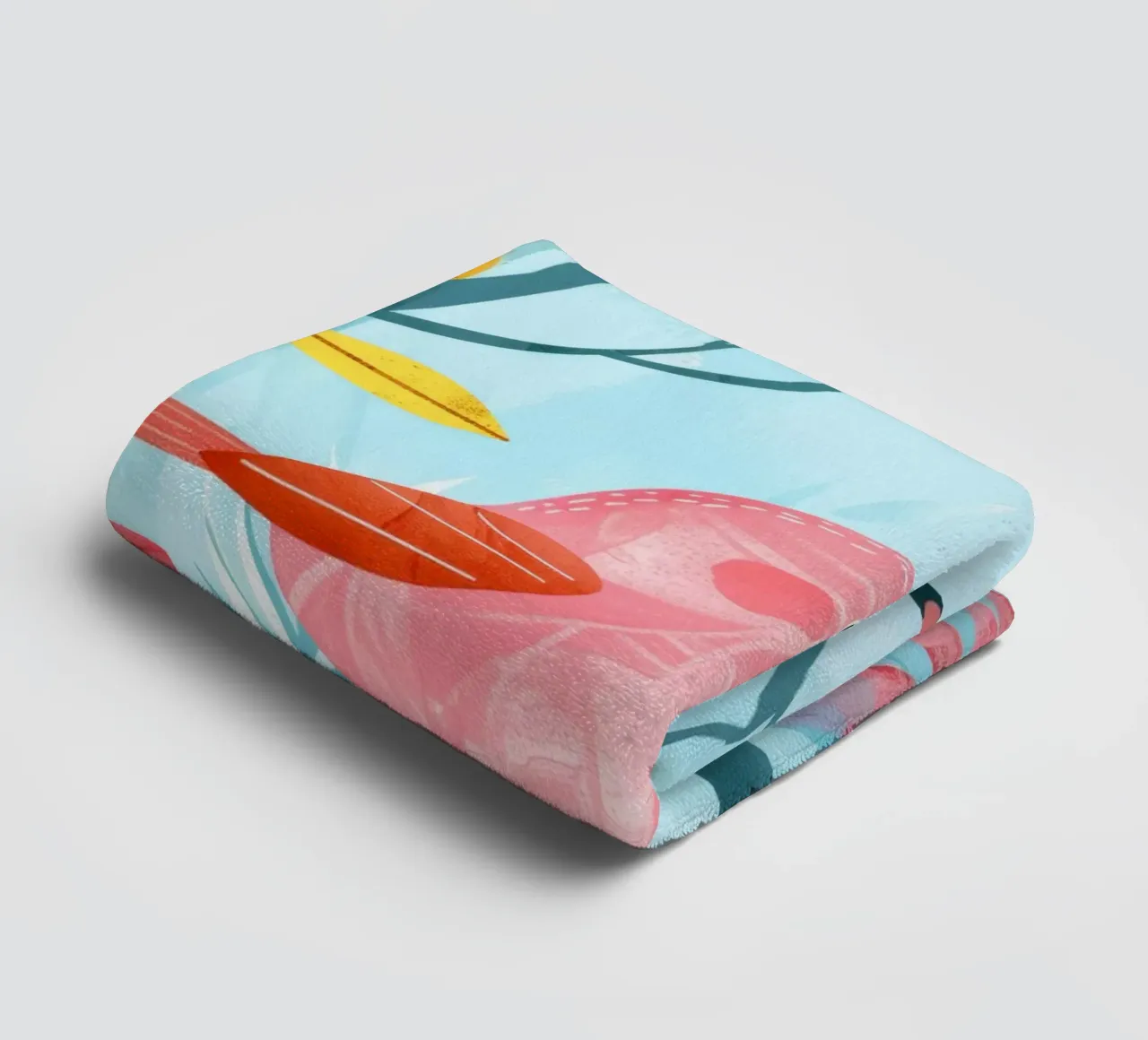 Pink bird perched on a branch surrounded by leafy plants towel by DesignDoodle