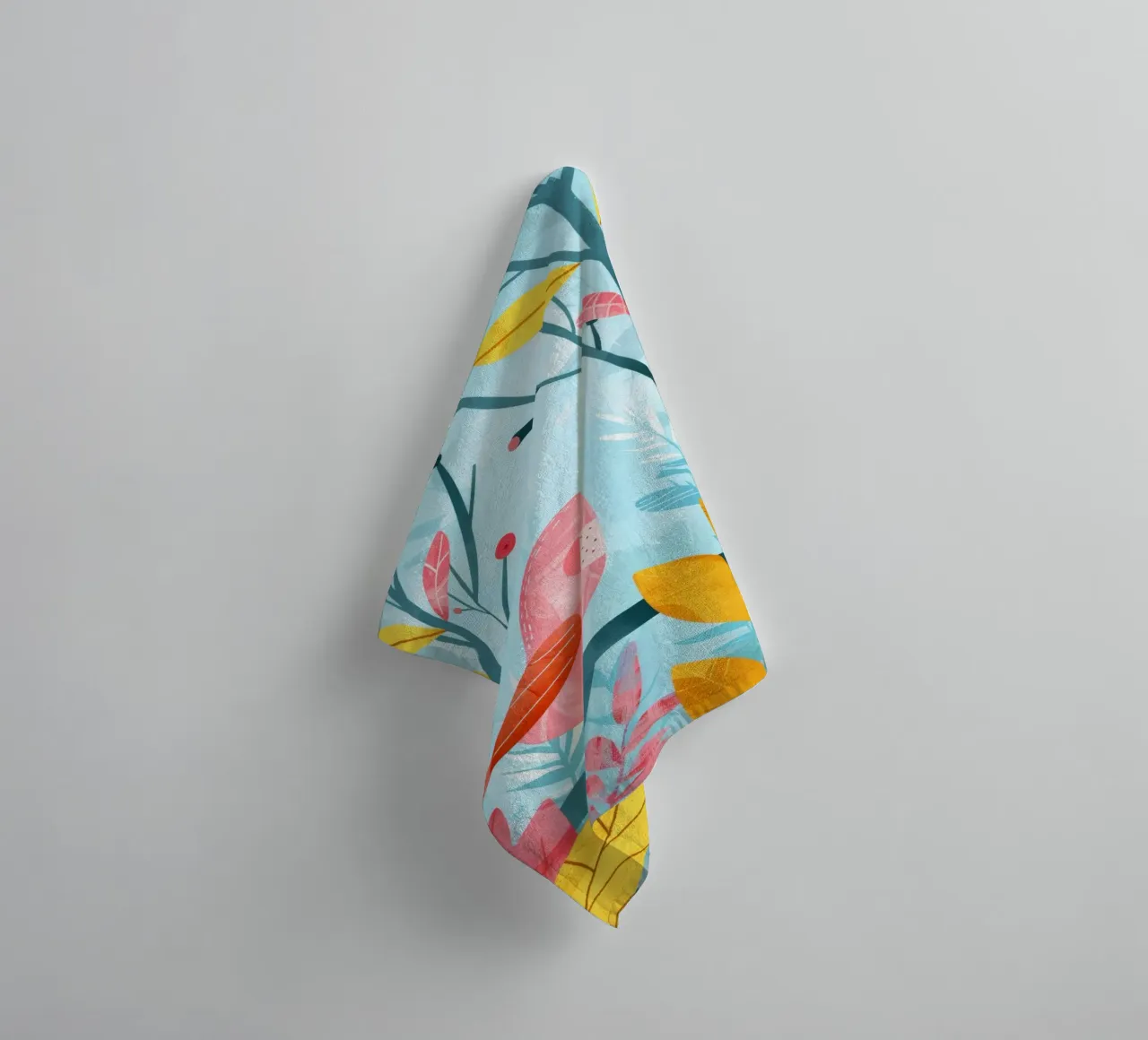 Pink bird perched on a branch surrounded by leafy plants towel by DesignDoodle