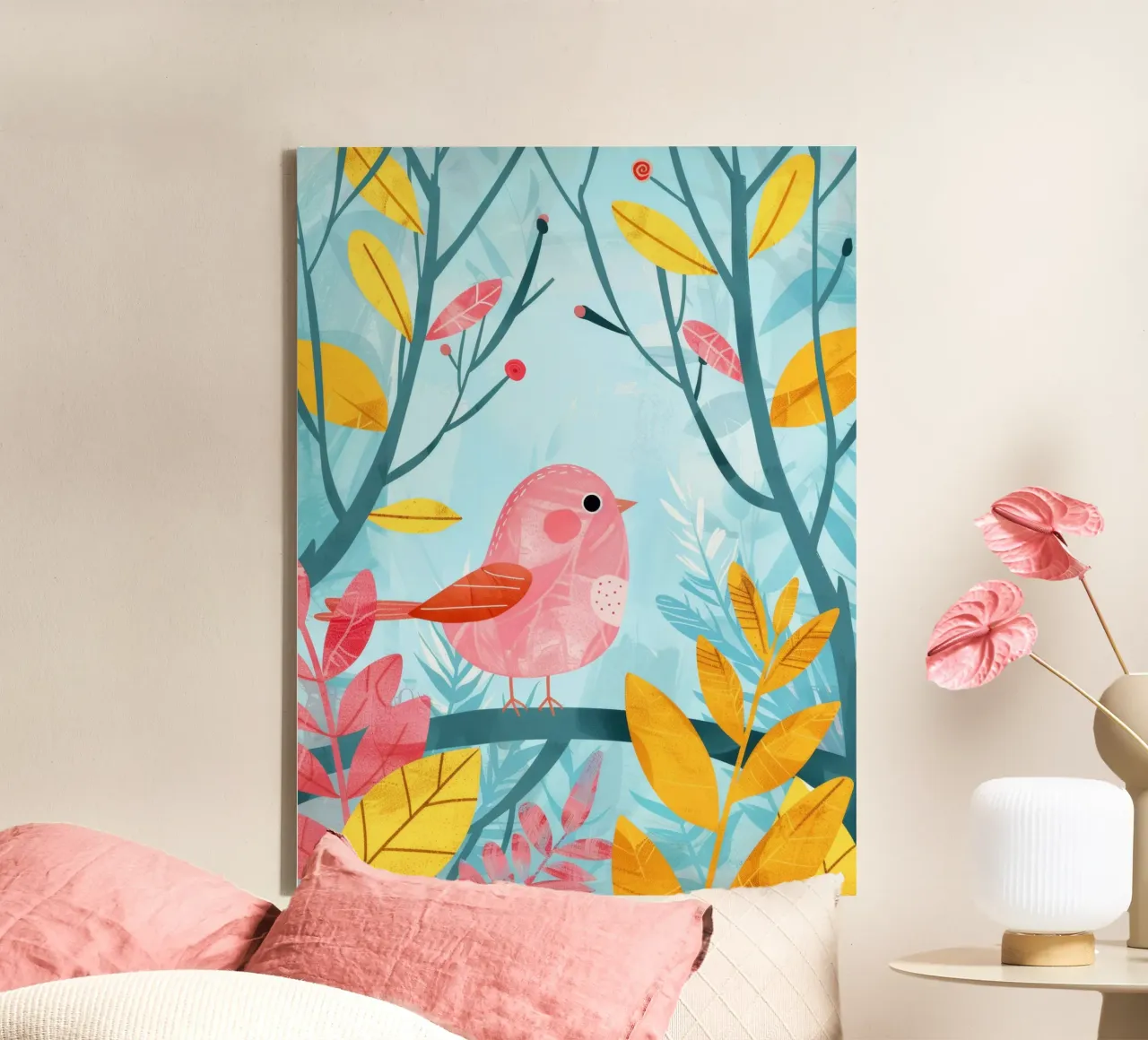 Pink bird perched on a branch surrounded by leafy plants canvas with Floater frame by DesignDoodle