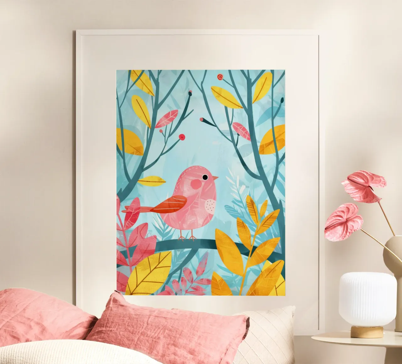 Uccello rosa appollaiato su un ramo circondato da piante frondose poster con telaio in alluminio da DesignDoodle