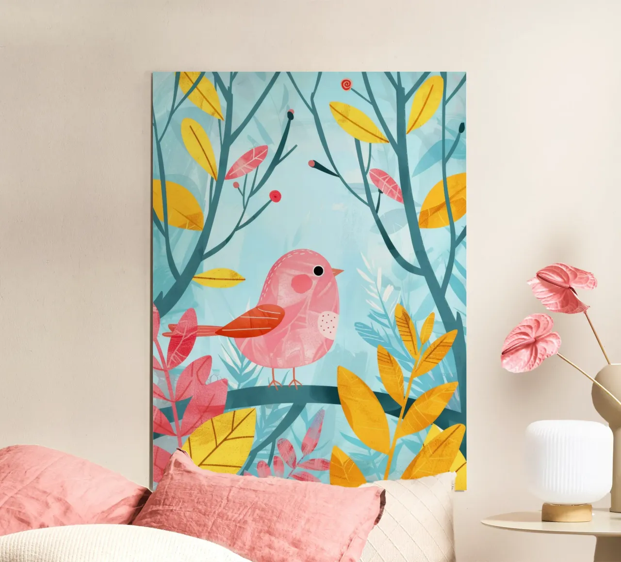 Uccello rosa appollaiato su un ramo circondato da piante frondose poster con telaio in alluminio da DesignDoodle