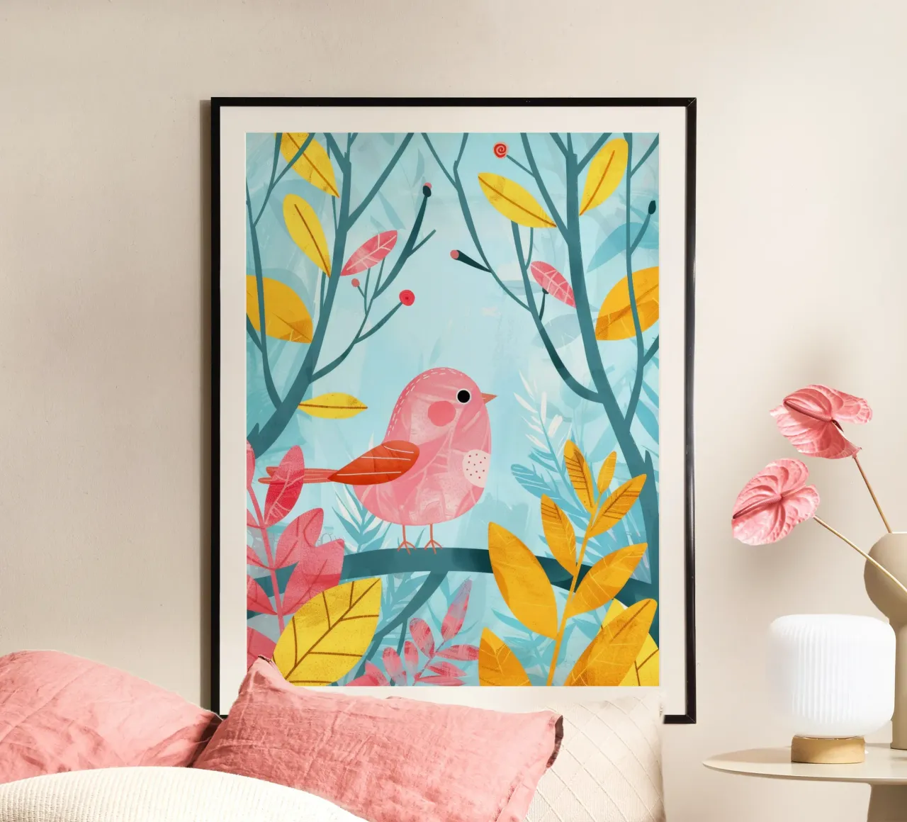 Uccello rosa appollaiato su un ramo circondato da piante frondose poster con telaio in alluminio da DesignDoodle
