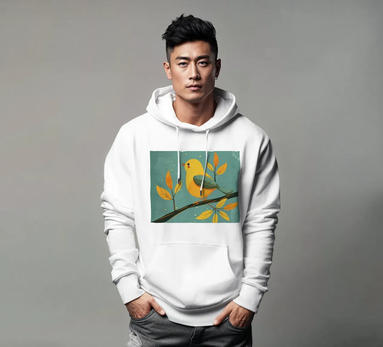 Oiseau jaune perché sur une branche entourée de feuilles d'automne sweat à capuche de DesignDoodle