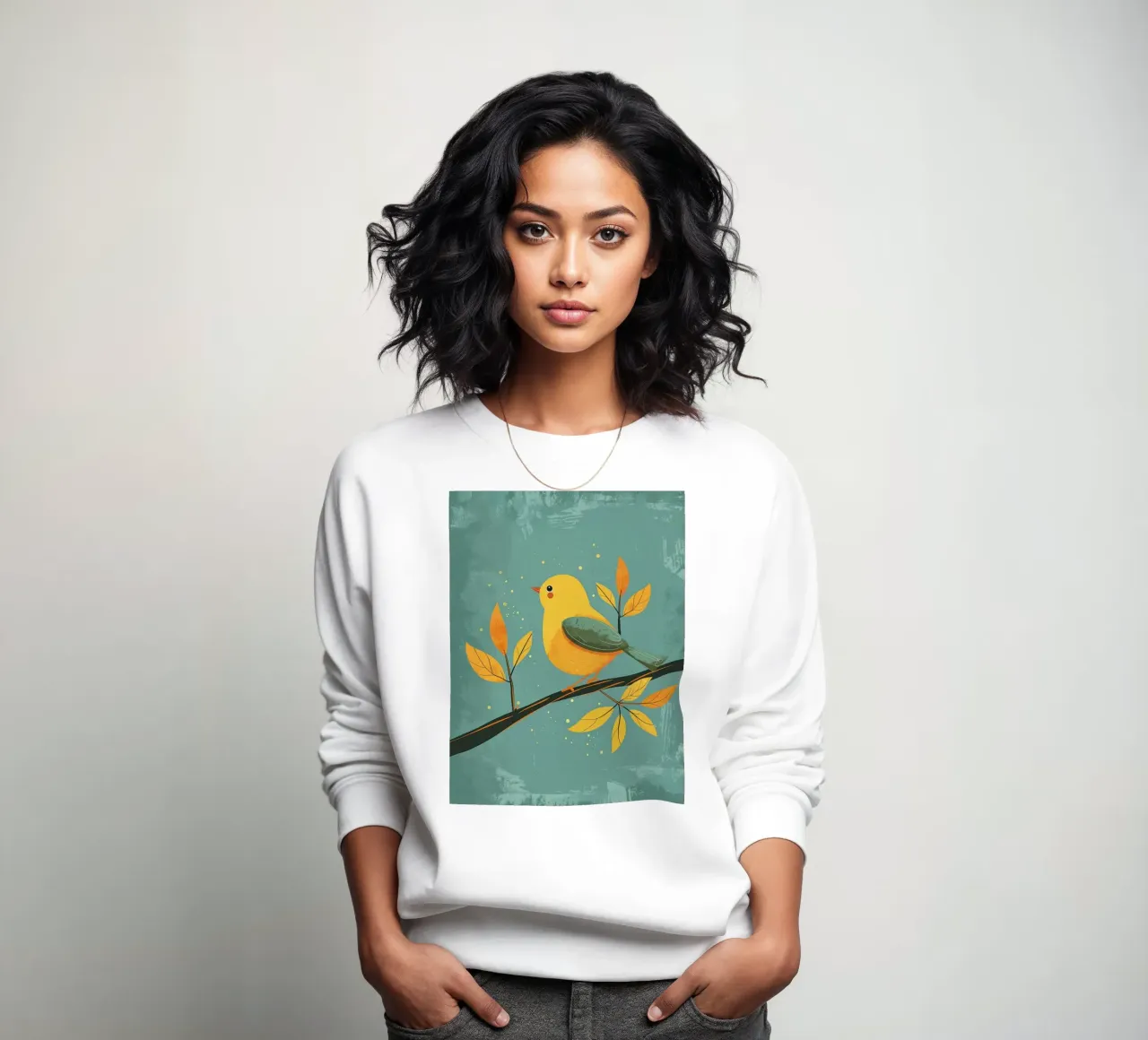 Oiseau jaune perché sur une branche entourée de feuilles d'automne sweat de DesignDoodle