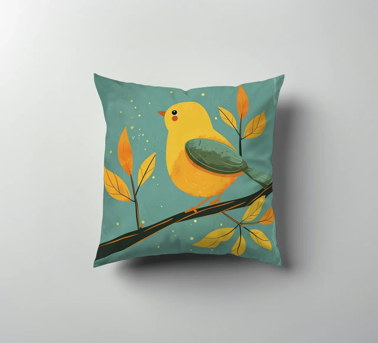 Oiseau jaune perché sur une branche entourée de feuilles d'automne coussin de DesignDoodle