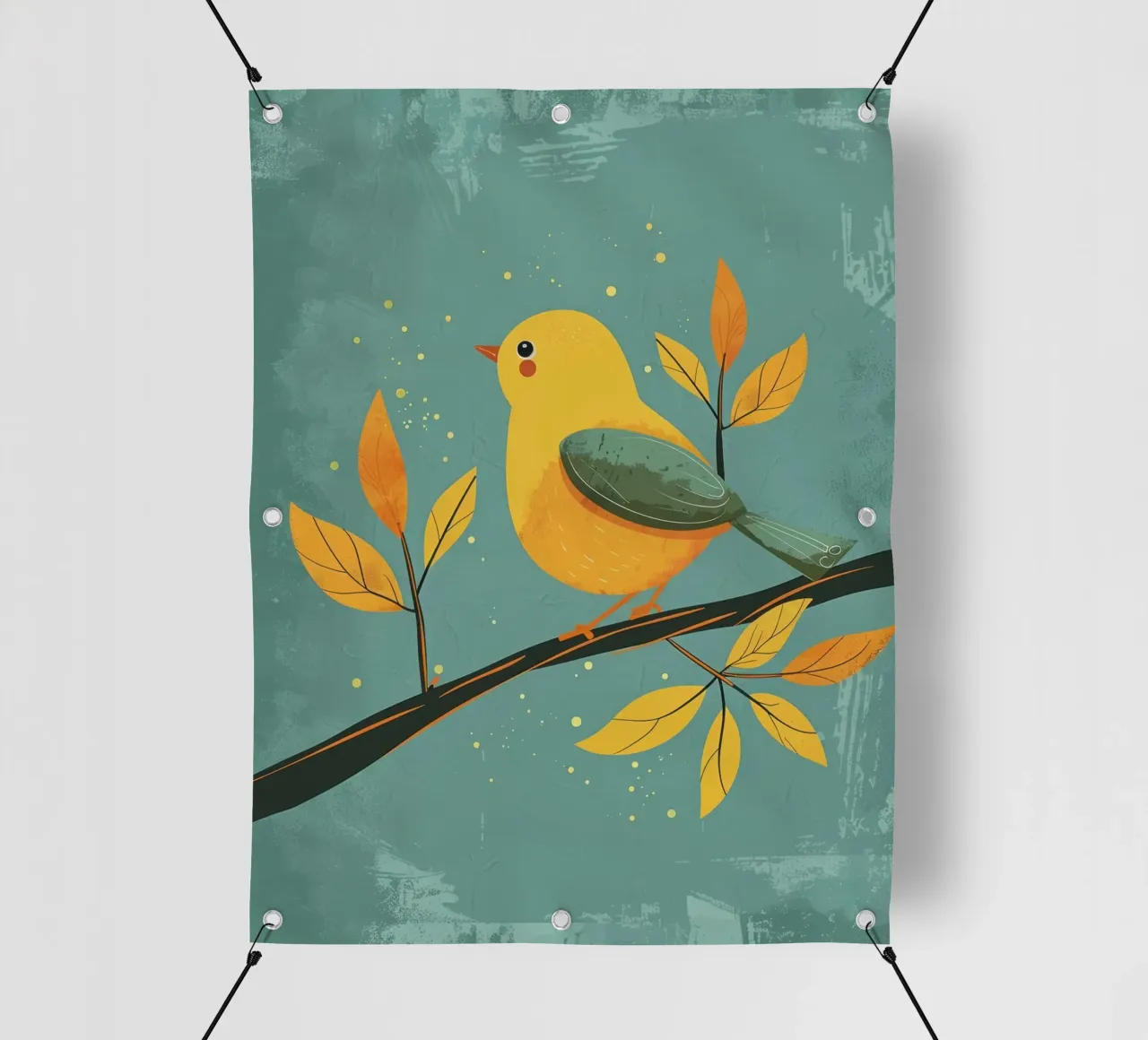 Oiseau jaune perché sur une branche entourée de feuilles d'automne bâche pvc de DesignDoodle