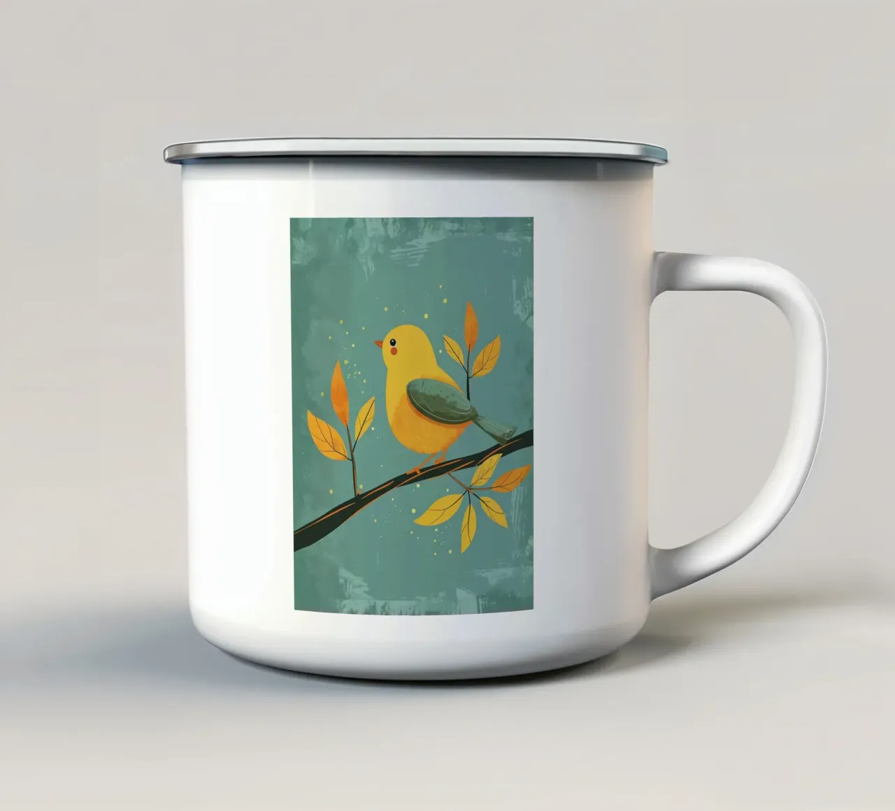 Oiseau jaune perché sur une branche entourée de feuilles d'automne mug en émail de DesignDoodle