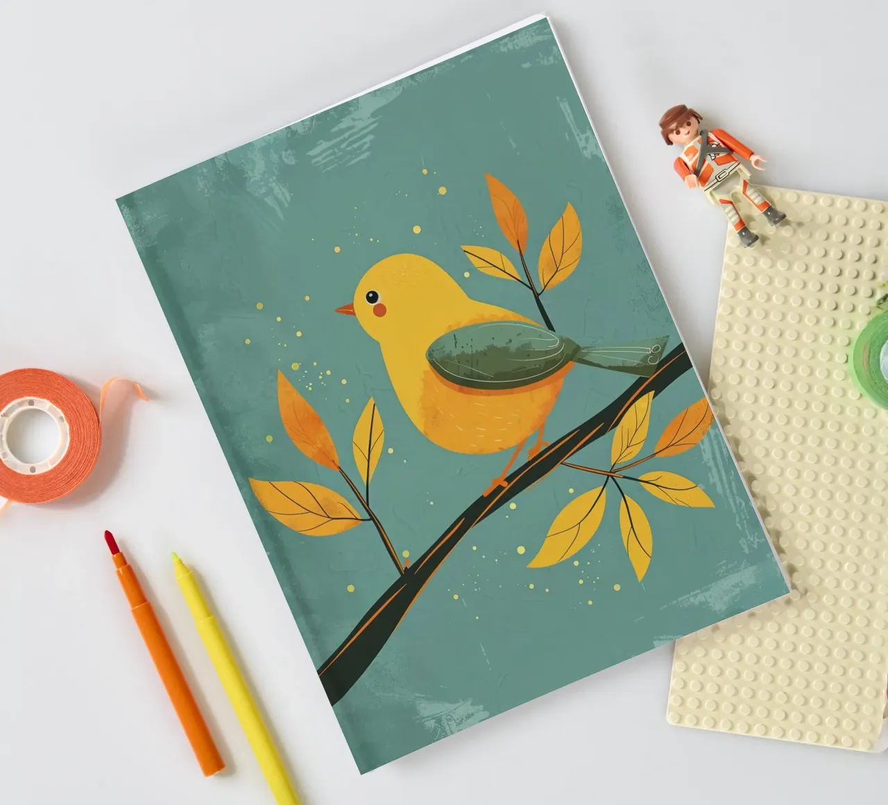 Oiseau jaune perché sur une branche entourée de feuilles d'automne carnet de notes de DesignDoodle