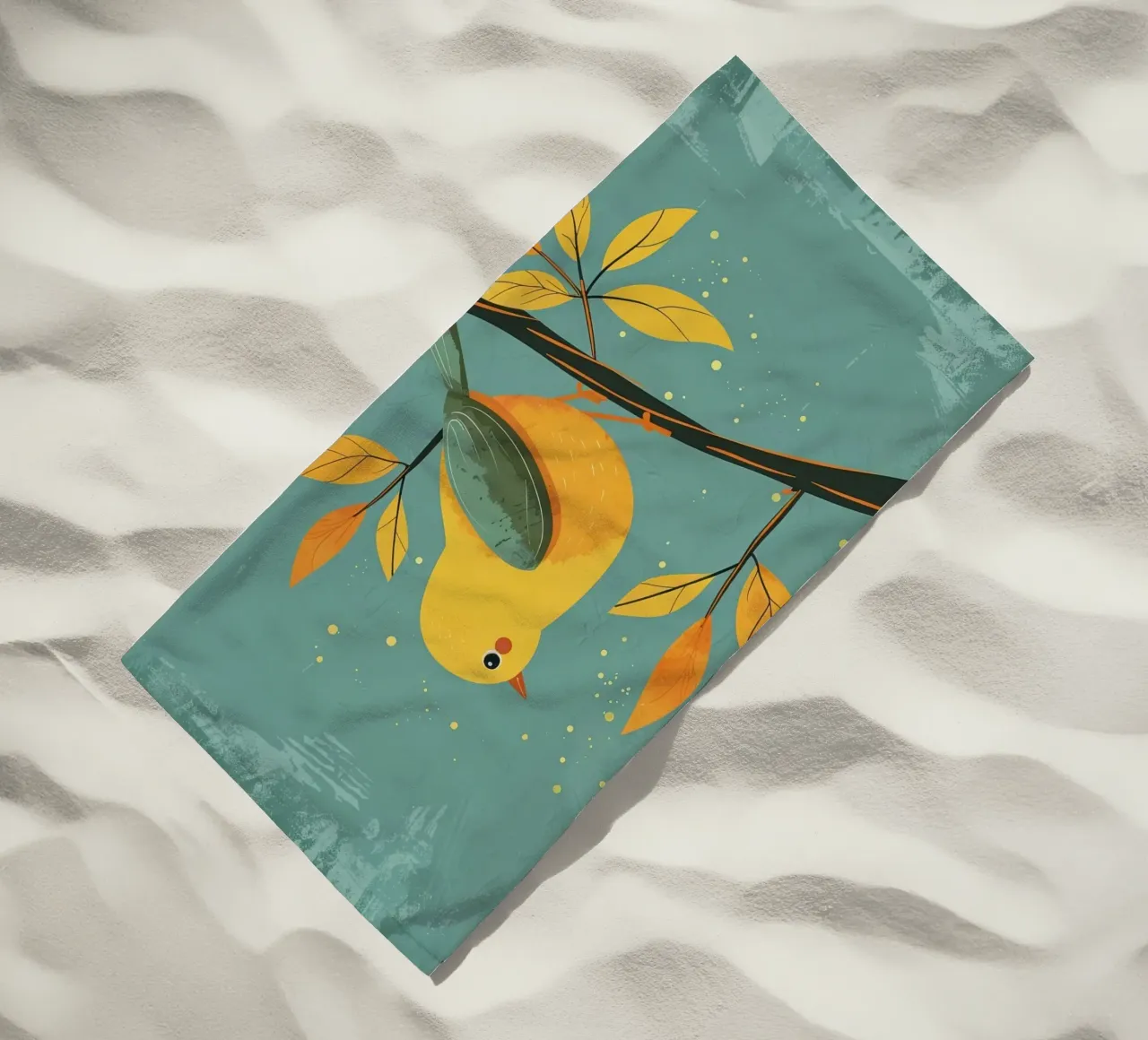 Oiseau jaune perché sur une branche entourée de feuilles d'automne serviette de plage de DesignDoodle