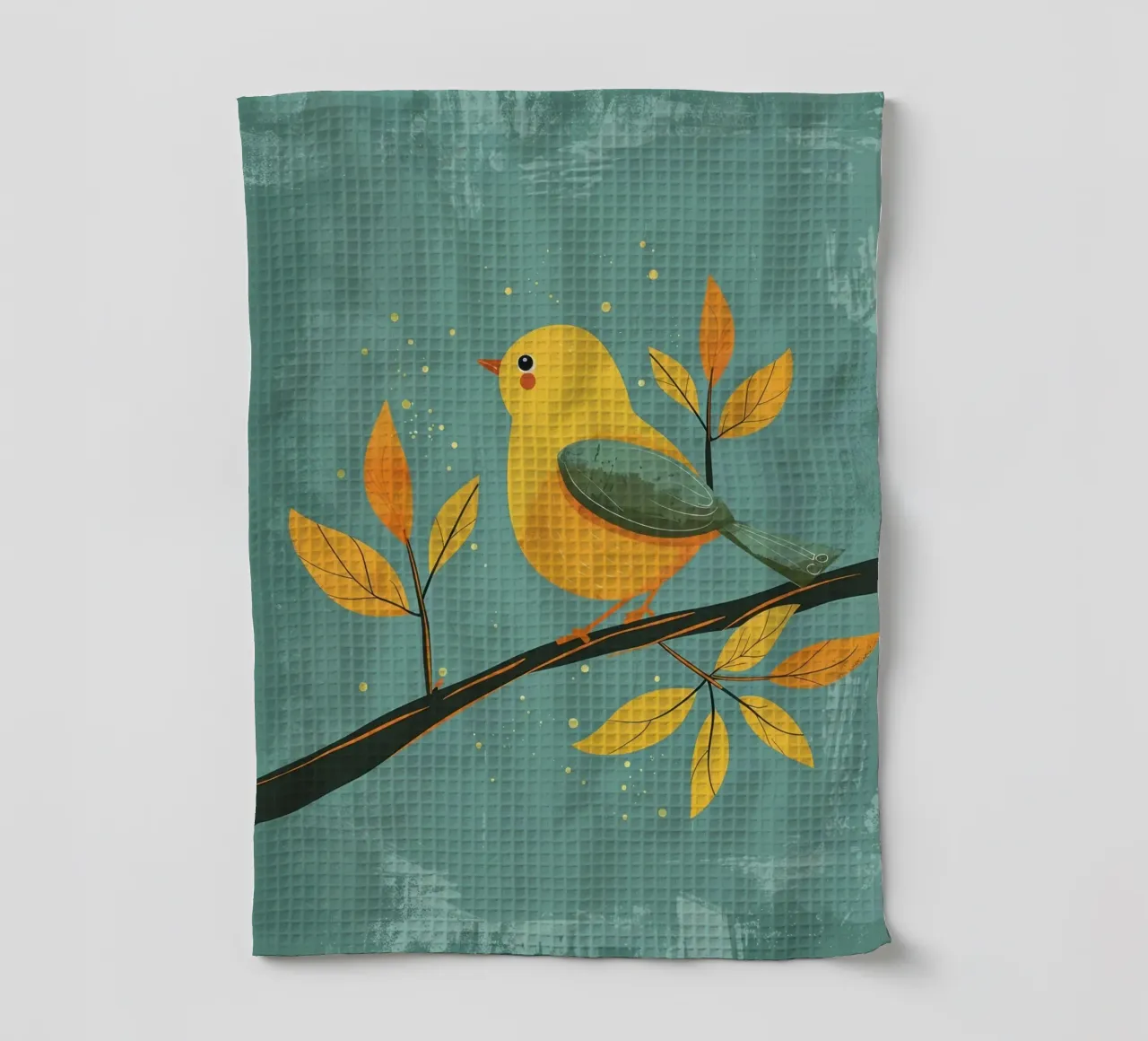 Oiseau jaune perché sur une branche entourée de feuilles d'automne torchon de DesignDoodle