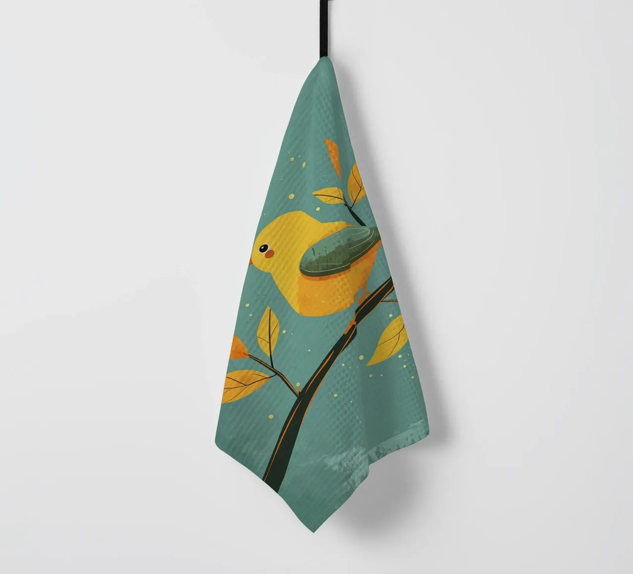 Gelber Vogel auf einem Zweig, umgeben von Herbstblättern Geschirrtuch von DesignDoodle