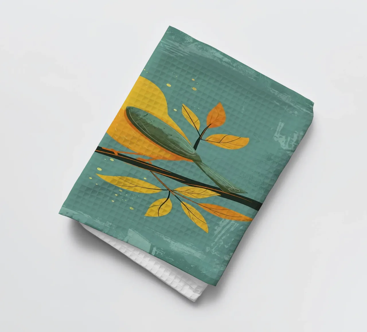 Gelber Vogel auf einem Zweig, umgeben von Herbstblättern Geschirrtuch von DesignDoodle