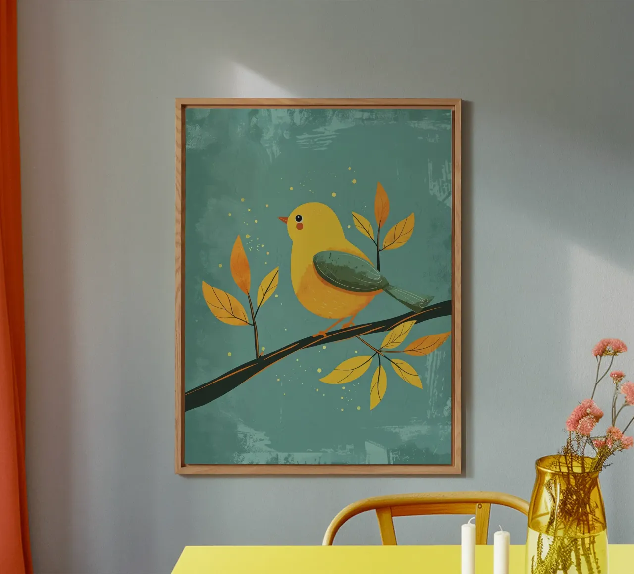 Oiseau jaune perché sur une branche entourée de feuilles d'automne alu dibond de DesignDoodle