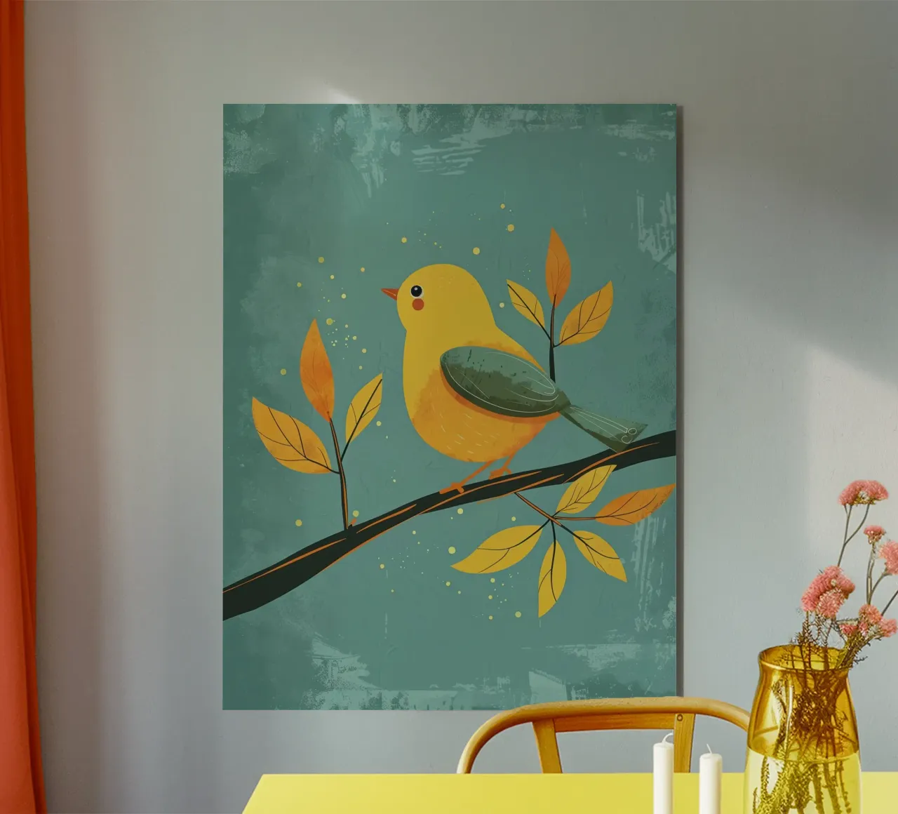 Oiseau jaune perché sur une branche entourée de feuilles d'automne alu dibond de DesignDoodle
