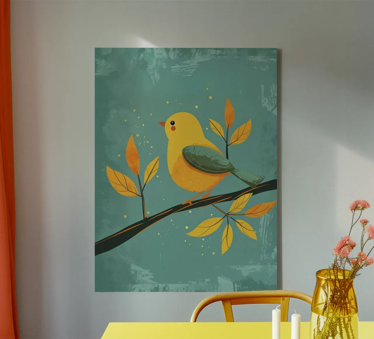 Yellow bird perched on a branch surrounded by autumn leaves canvas by DesignDoodle