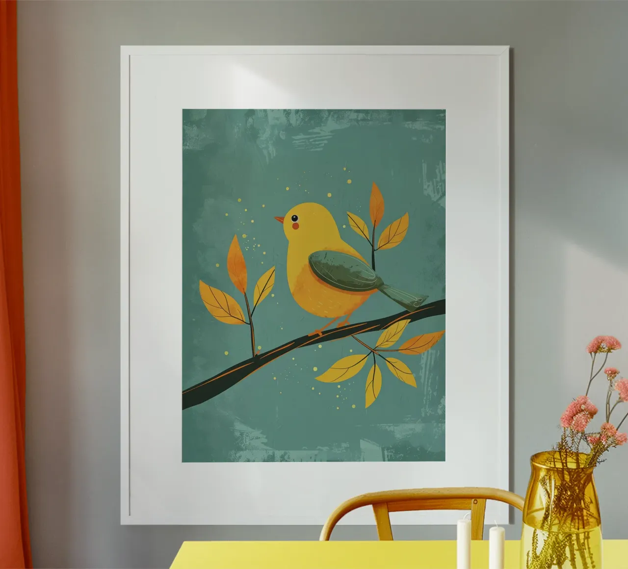 Oiseau jaune perché sur une branche entourée de feuilles d'automne poster de DesignDoodle