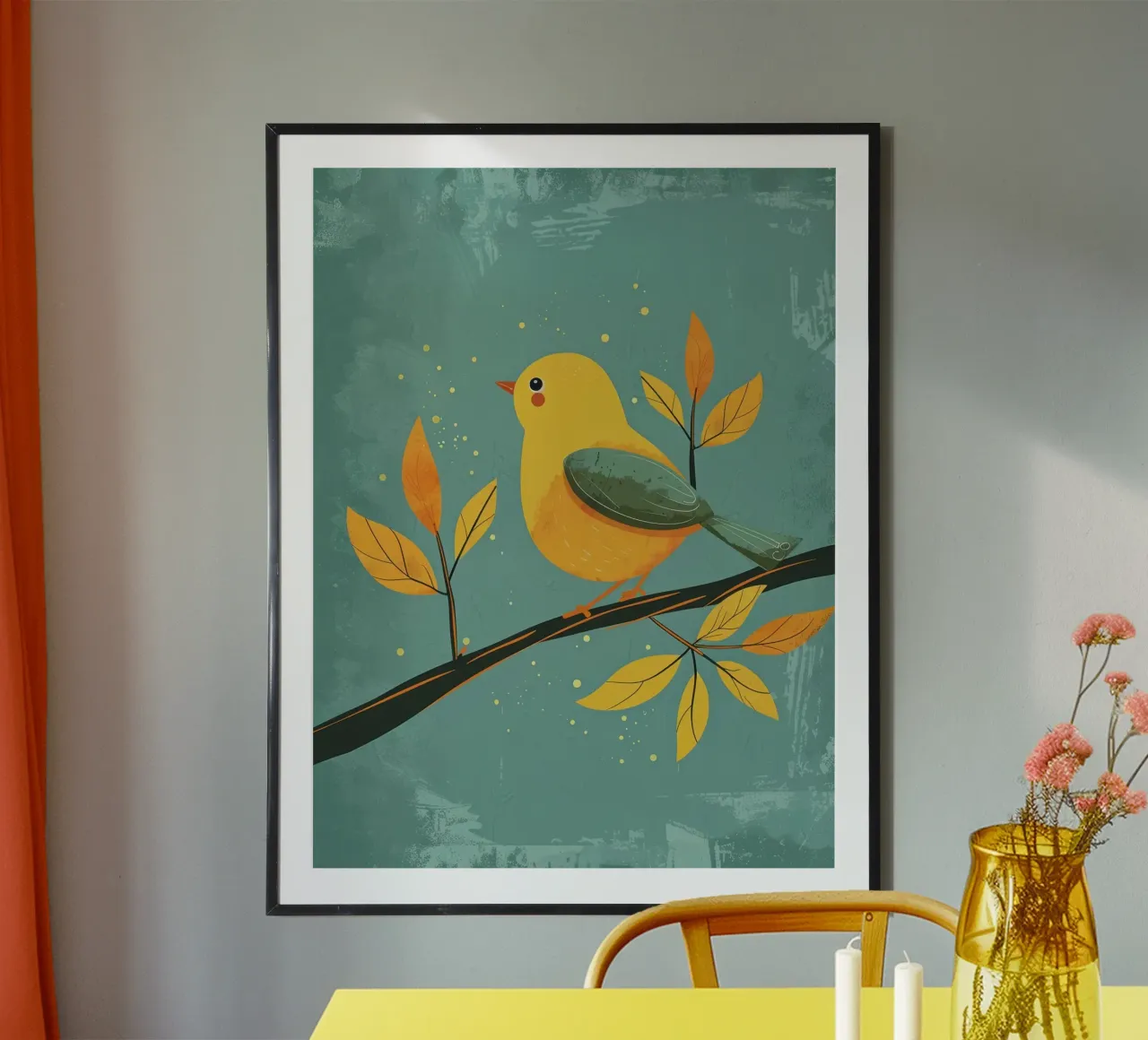 Oiseau jaune perché sur une branche entourée de feuilles d'automne hahnemühle de DesignDoodle