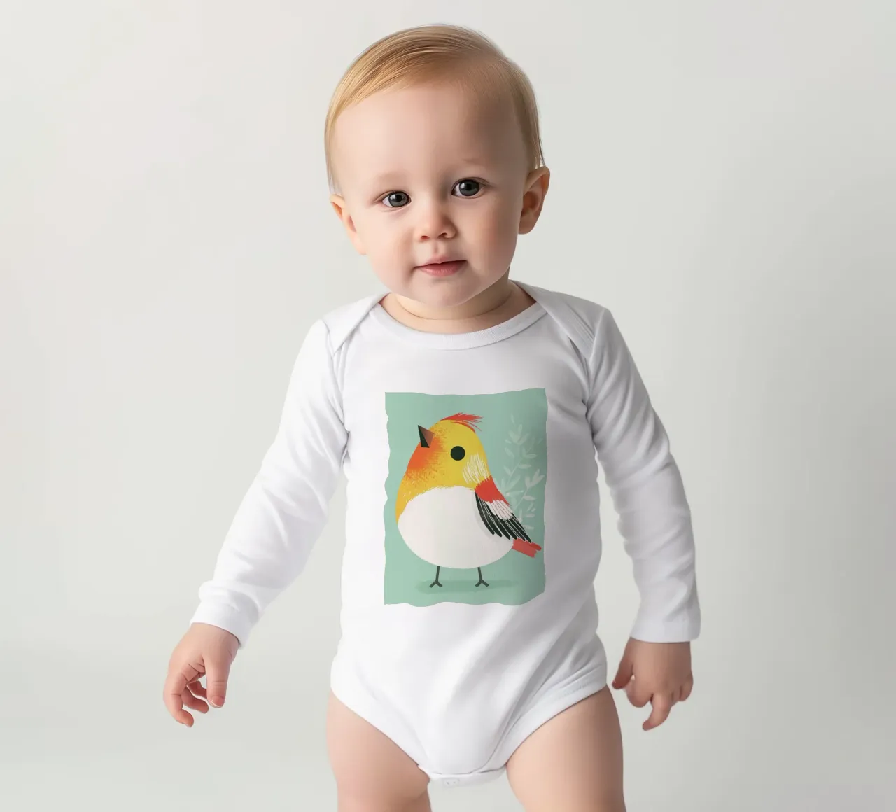 Cute bird illustration perched against a soft background long-sleeve baby romper by DesignDoodle