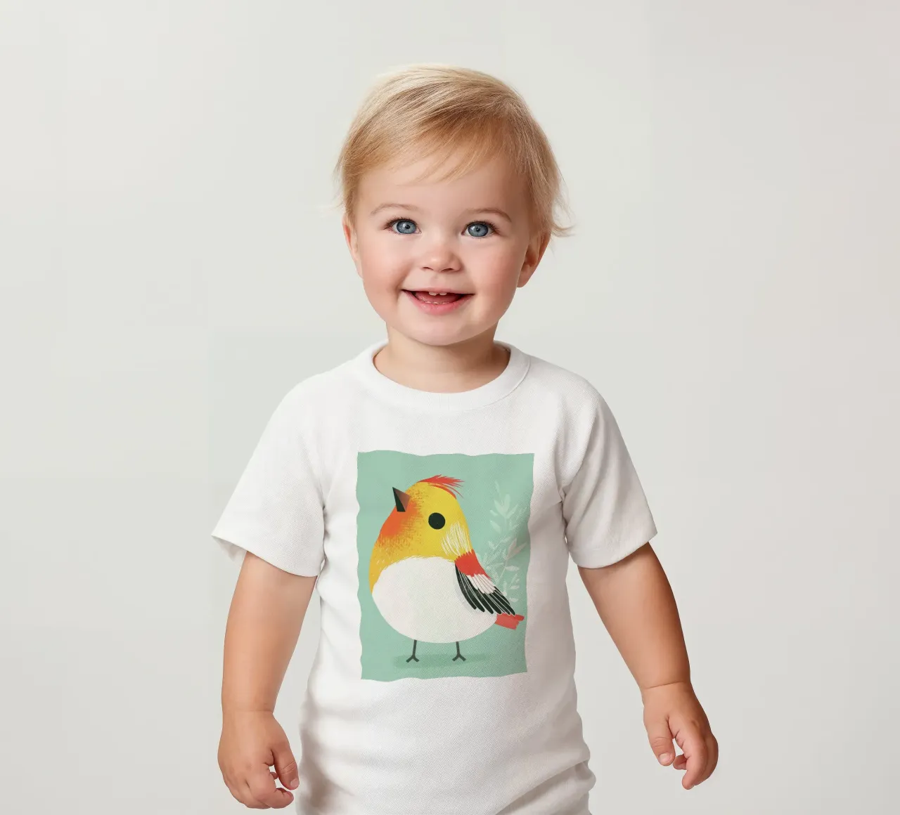 Simpática ilustración de un pájaro posado sobre un fondo suave camiseta de bebé de DesignDoodle