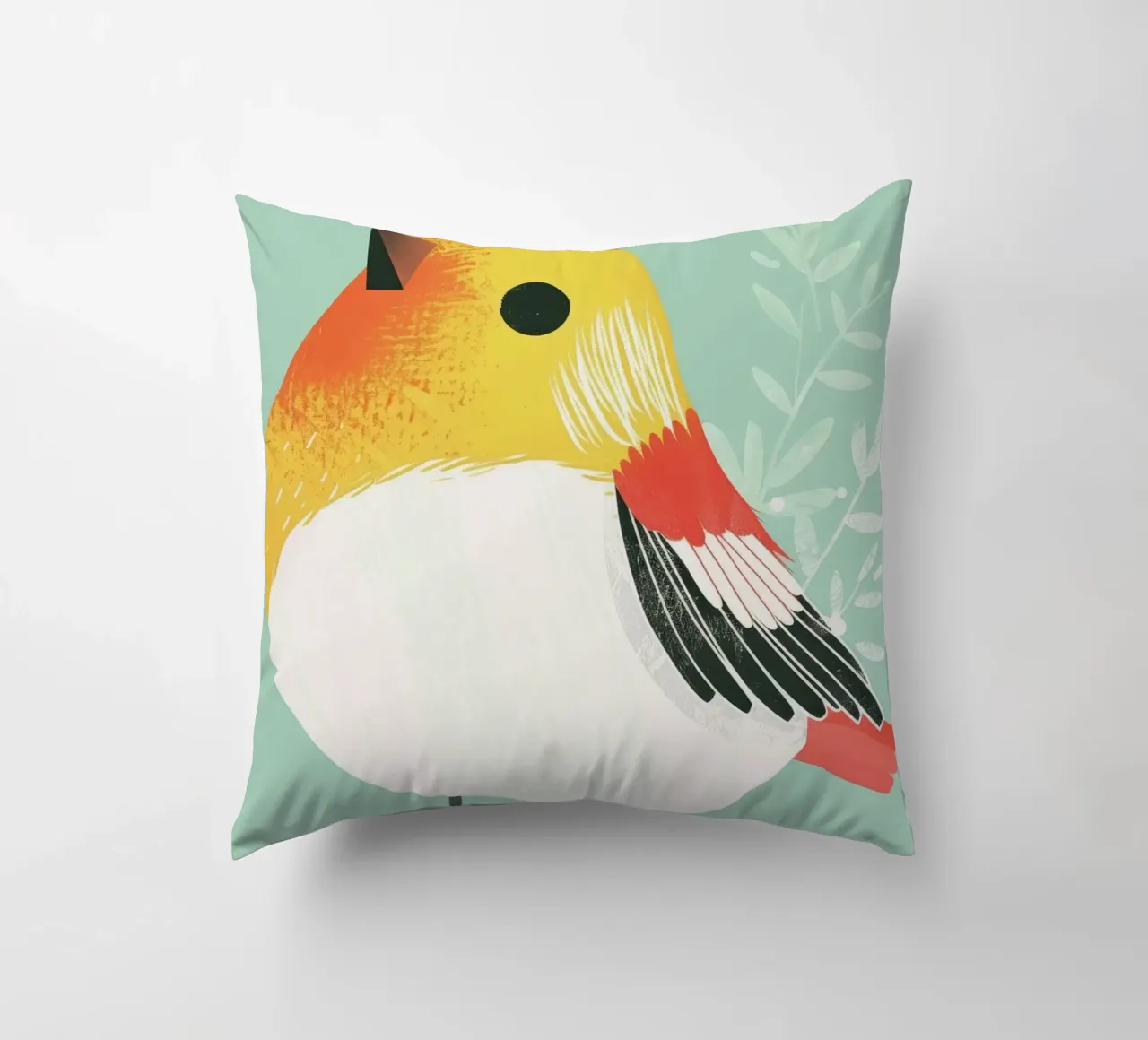 Cute bird illustration perched against a soft background decorative cushion by DesignDoodle