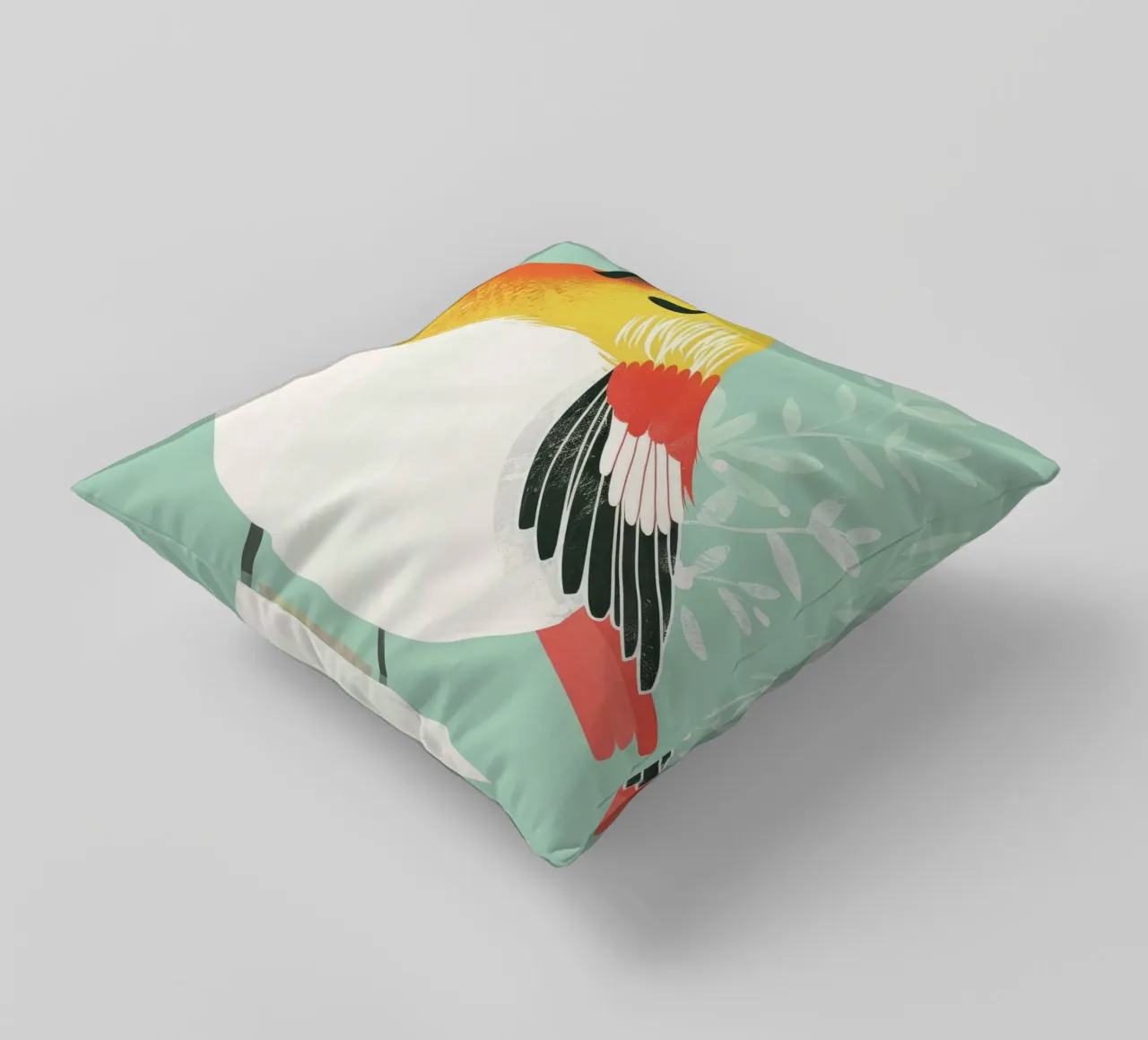 Cute bird illustration perched against a soft background decorative cushion by DesignDoodle
