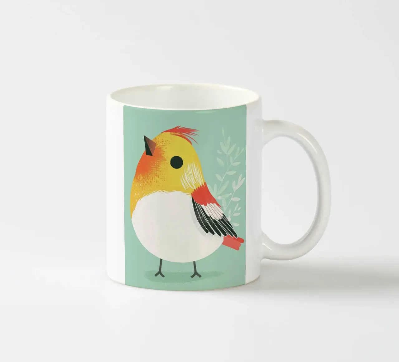 Cute bird illustration perched against a soft background ceramic mug by DesignDoodle