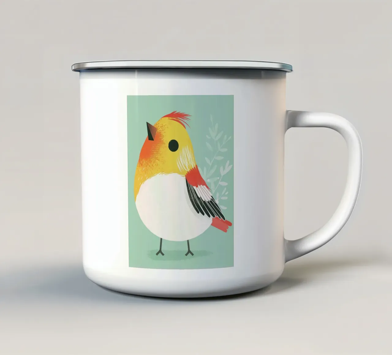 Simpática ilustración de un pájaro posado sobre un fondo suave taza de esmalte de DesignDoodle