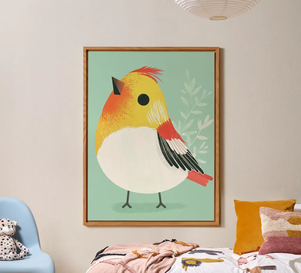Simpática ilustración de un pájaro posado sobre un fondo suave placa de forex de DesignDoodle