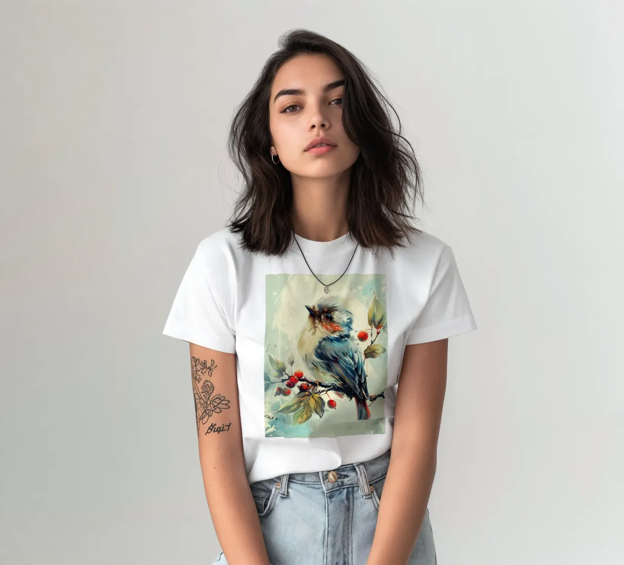 Bunter Vogel auf einem Zweig zwischen Blättern und Beeren T-Shirt von DesignDoodle