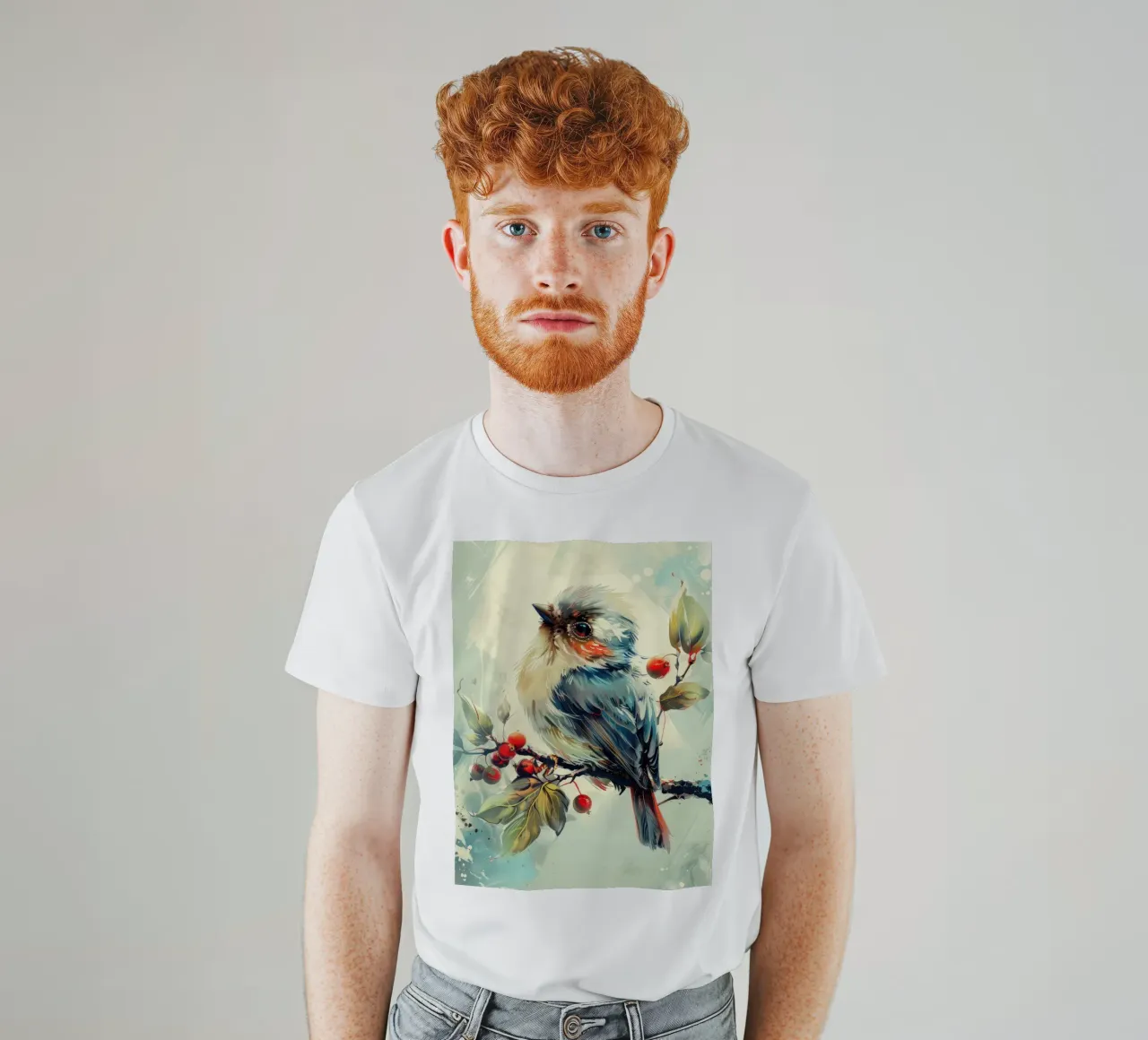 Bunter Vogel auf einem Zweig zwischen Blättern und Beeren T-Shirt von DesignDoodle