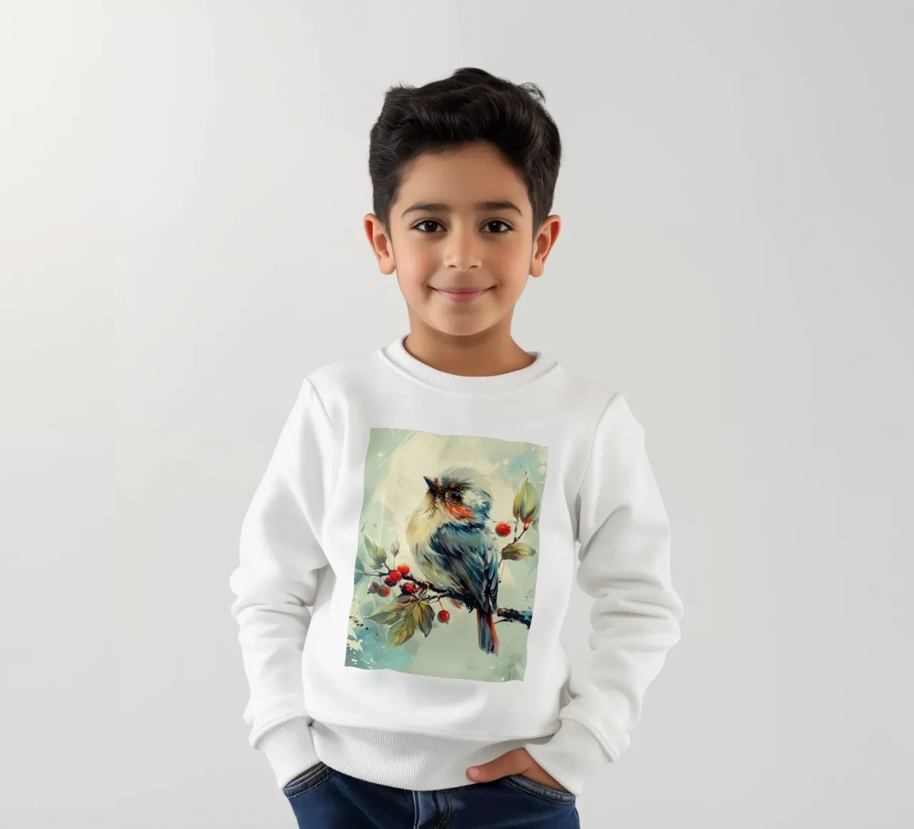 Colorido pájaro posado en una rama entre hojas y bayas sudadera para niño de DesignDoodle