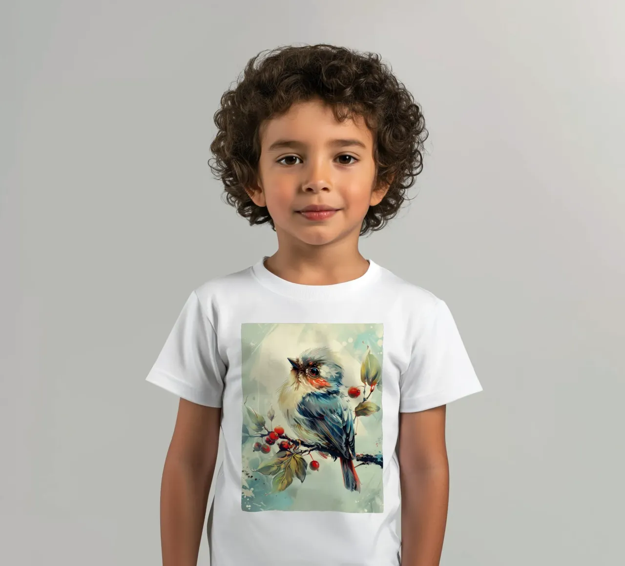Colorful bird perched on a branch amongst leaves and berries kids t-shirt by DesignDoodle
