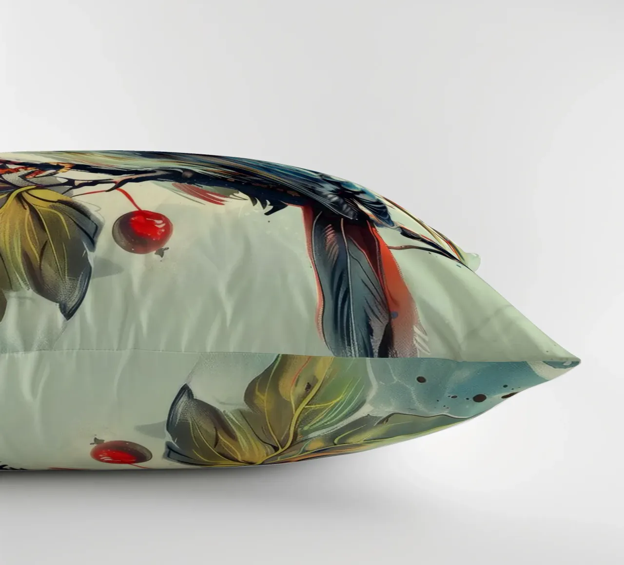 Uccello colorato appollaiato su un ramo tra foglie e bacche cuscino da DesignDoodle