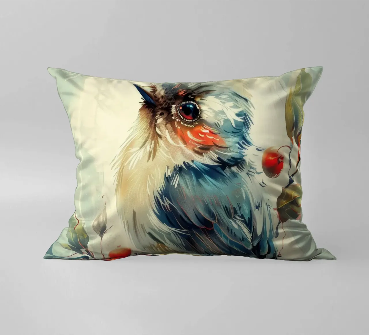 Uccello colorato appollaiato su un ramo tra foglie e bacche cuscino da DesignDoodle