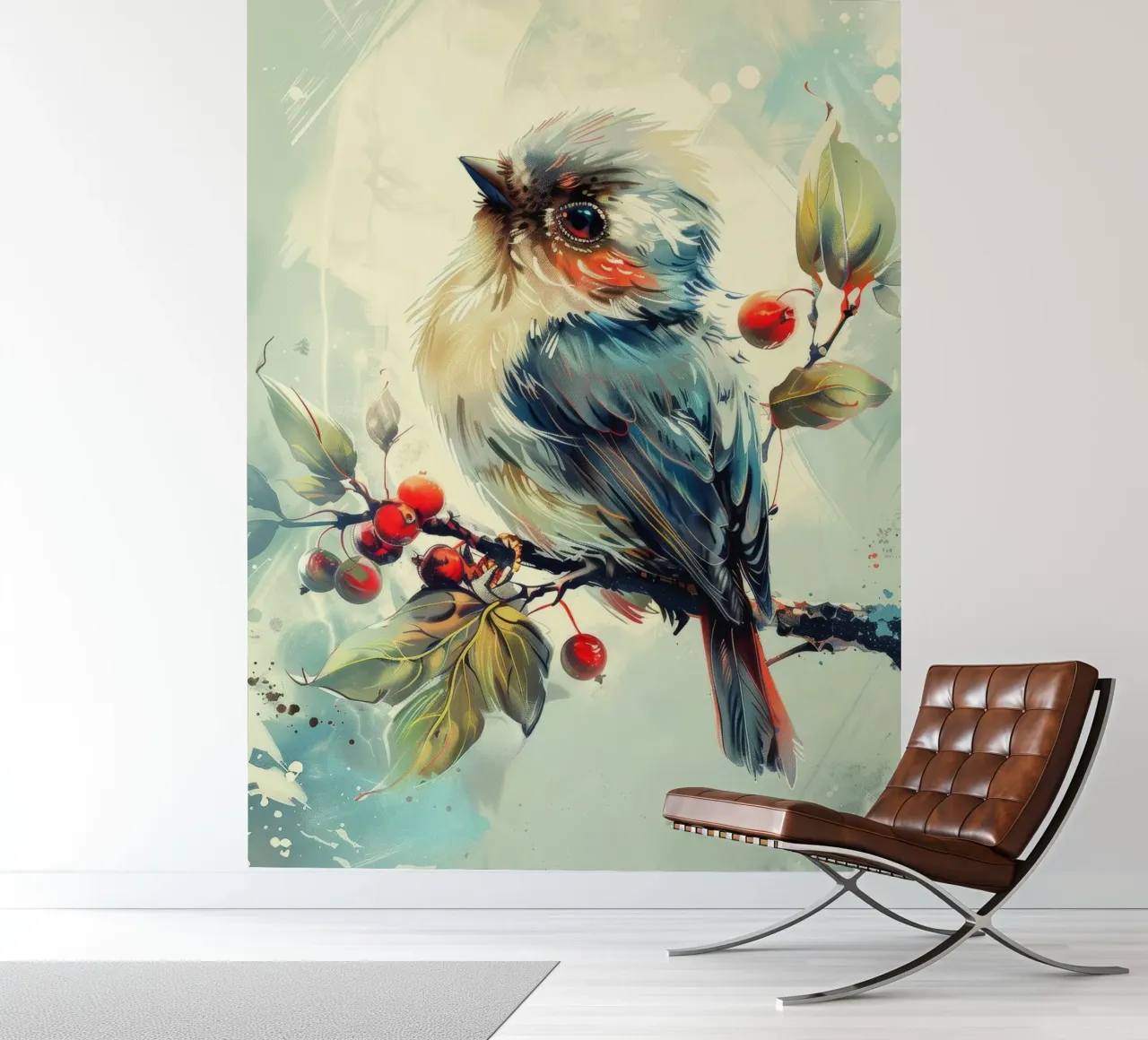 Colorful bird perched on a branch amongst leaves and berries photo wallpaper by DesignDoodle