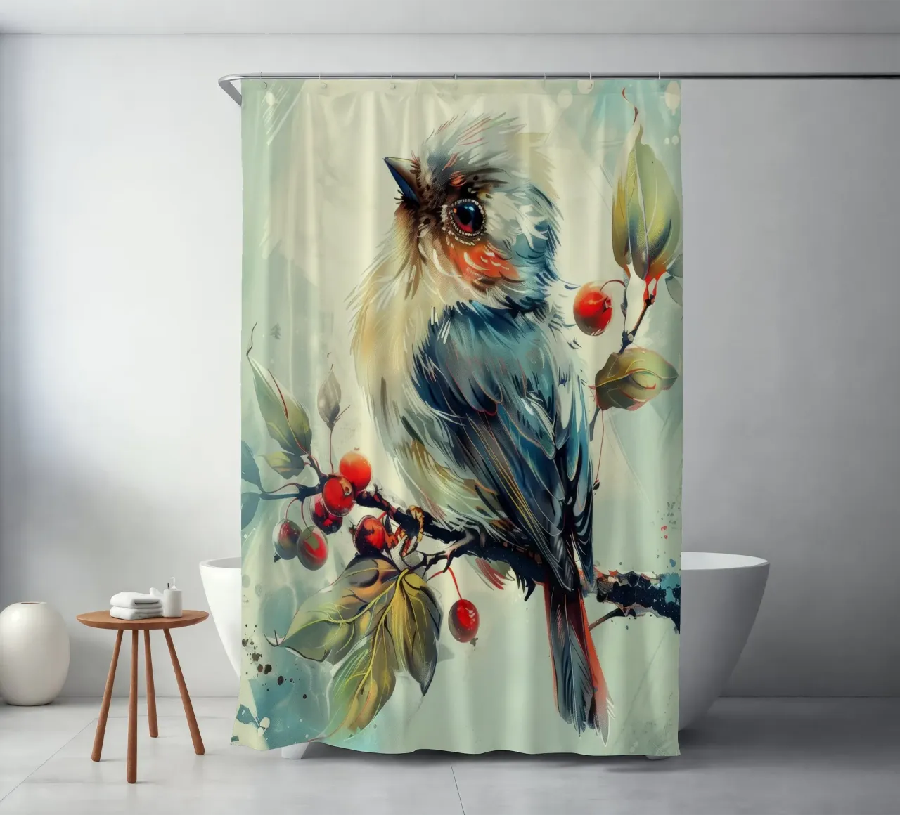 Bunter Vogel auf einem Zweig zwischen Blättern und Beeren Duschvorhang von DesignDoodle