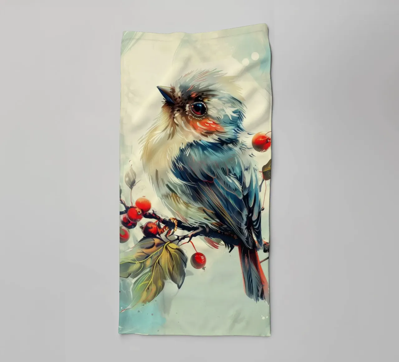Uccello colorato appollaiato su un ramo tra foglie e bacche asciugamano da bagno da DesignDoodle