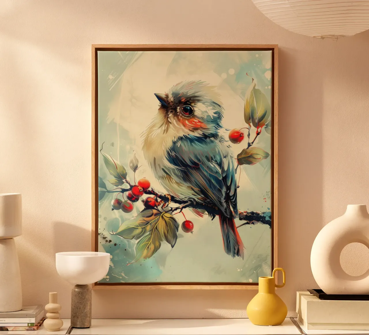 Uccello colorato appollaiato su un ramo tra foglie e bacche tela con Cornice a cassetta da DesignDoodle