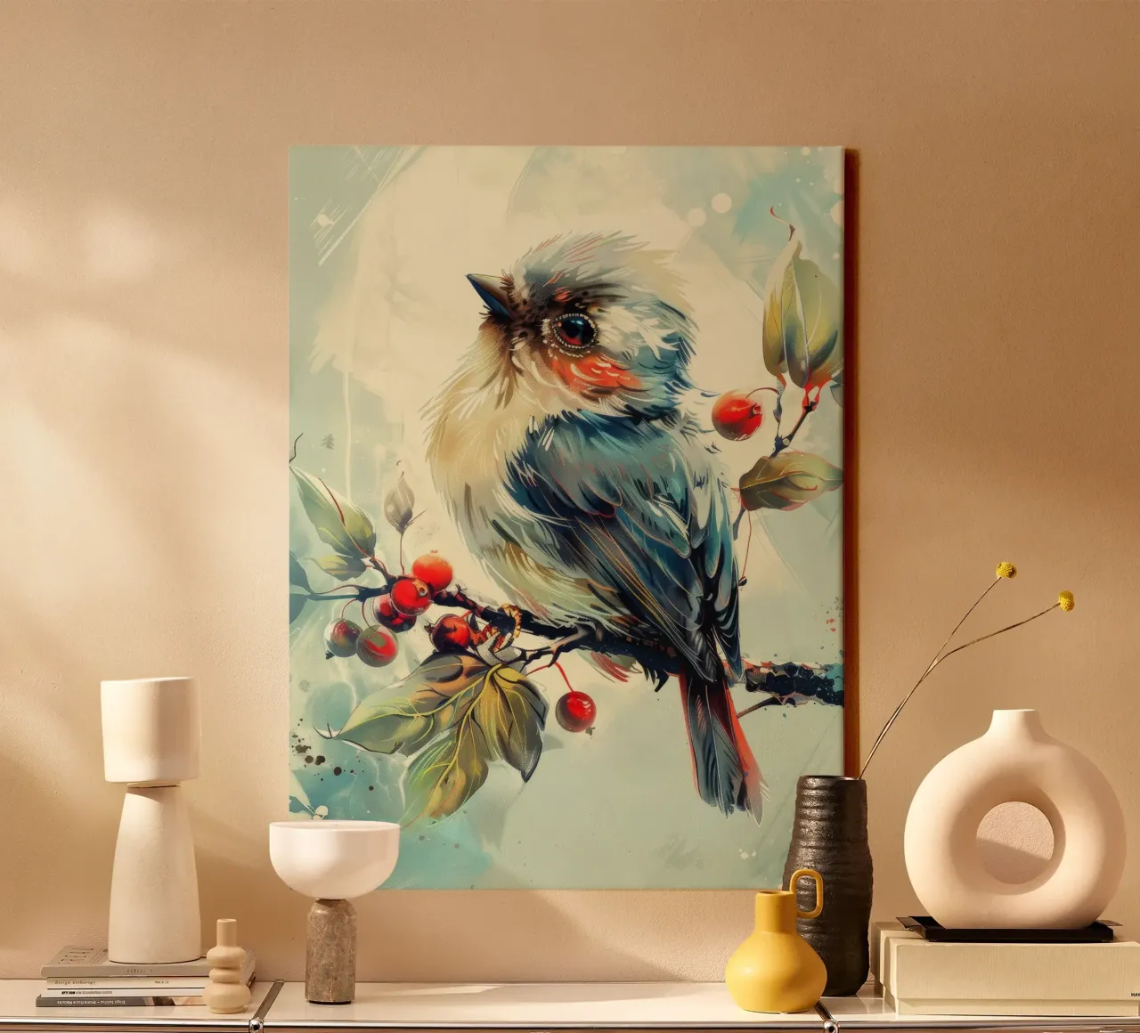 Uccello colorato appollaiato su un ramo tra foglie e bacche tela con Cornice a cassetta da DesignDoodle